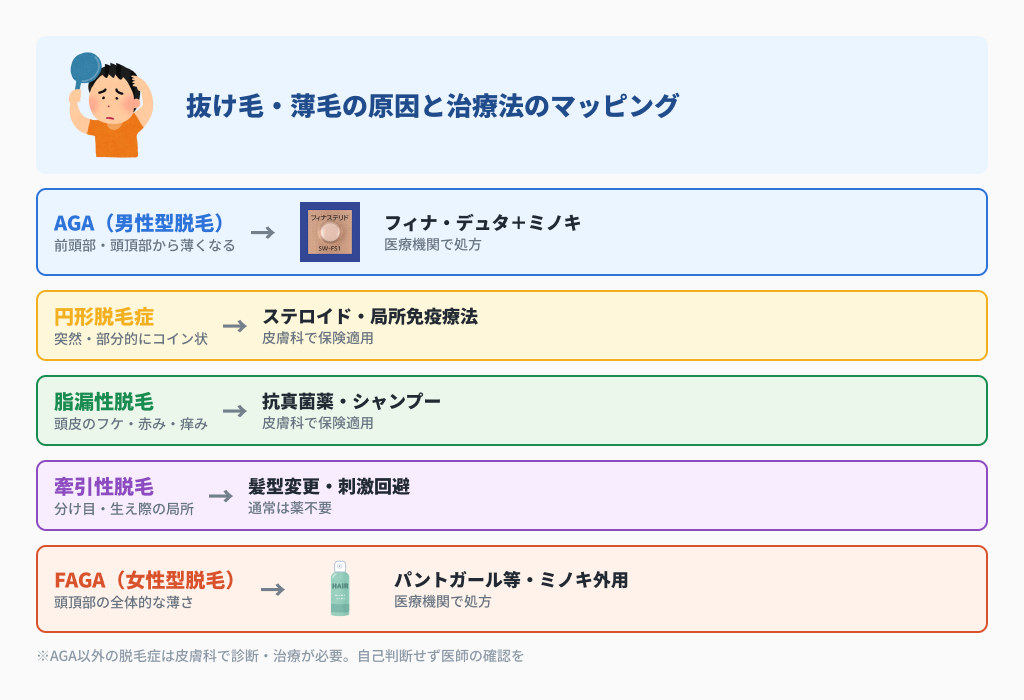 AGA・円形脱毛症・脂漏性脱毛・牽引性脱毛・FAGAそれぞれの原因と治療法
