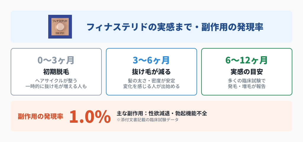 フィナステリドの初期脱毛・抜け毛減少・実感の目安と副作用1.0%